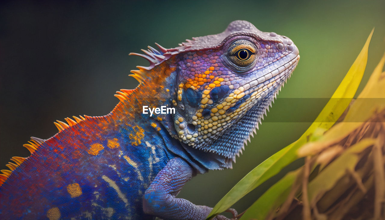 Colorful iguana. iguana close-up macro portrait photo. vivid bright colors skin