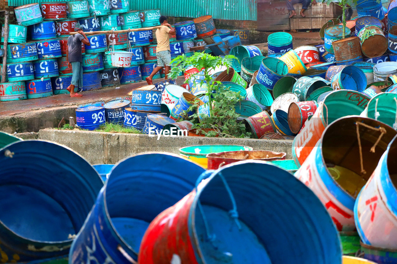 close-up of colorful containers