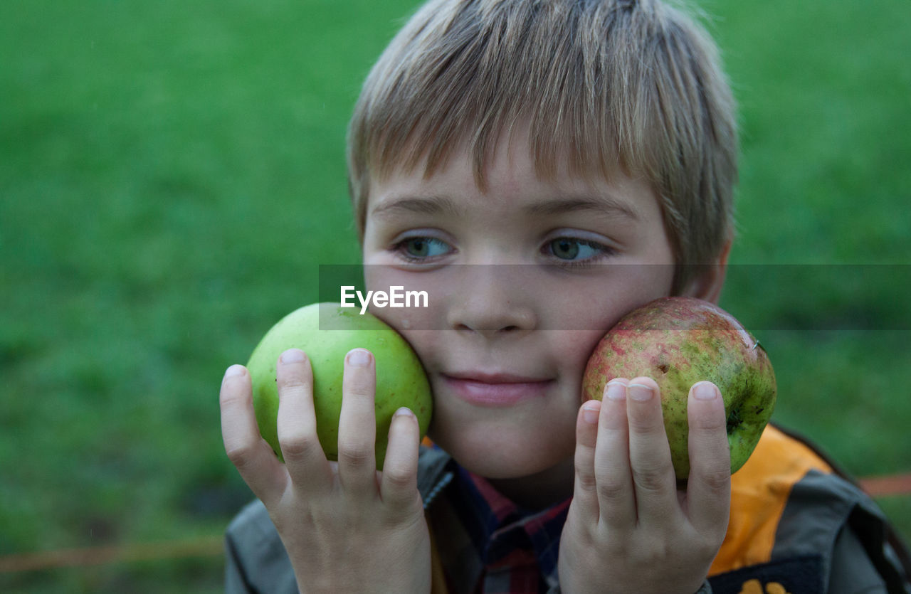 Close-up of boy holding apples on field