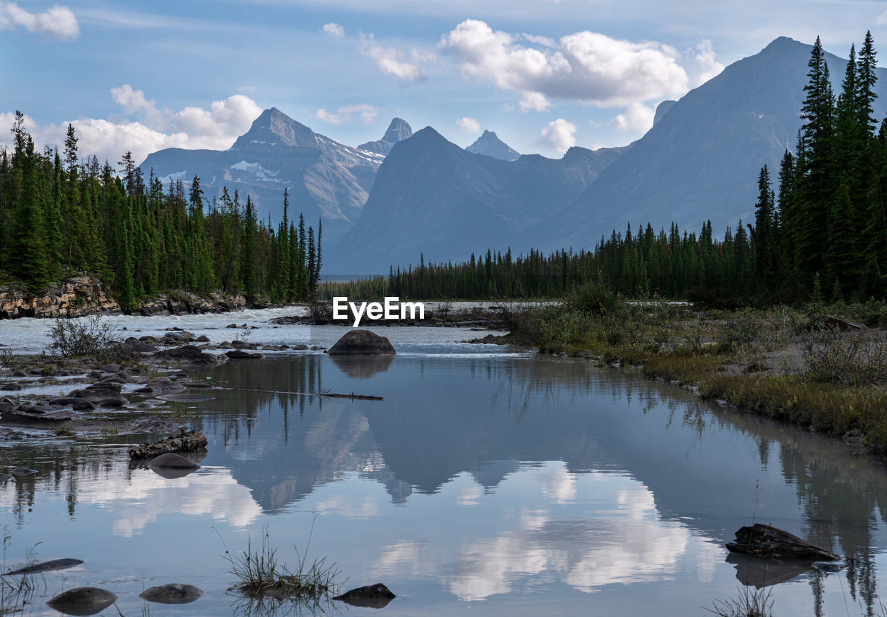 Scenic view of lake by mountains against sky