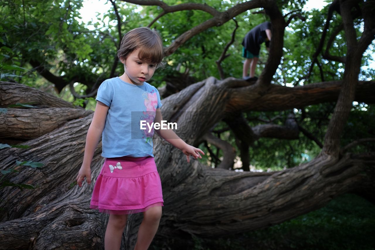 View of girl playing on tree trunk