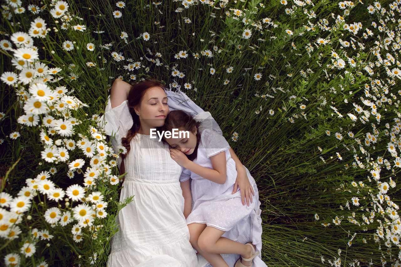 Mother with daughter in a white dress lie on a camomile field