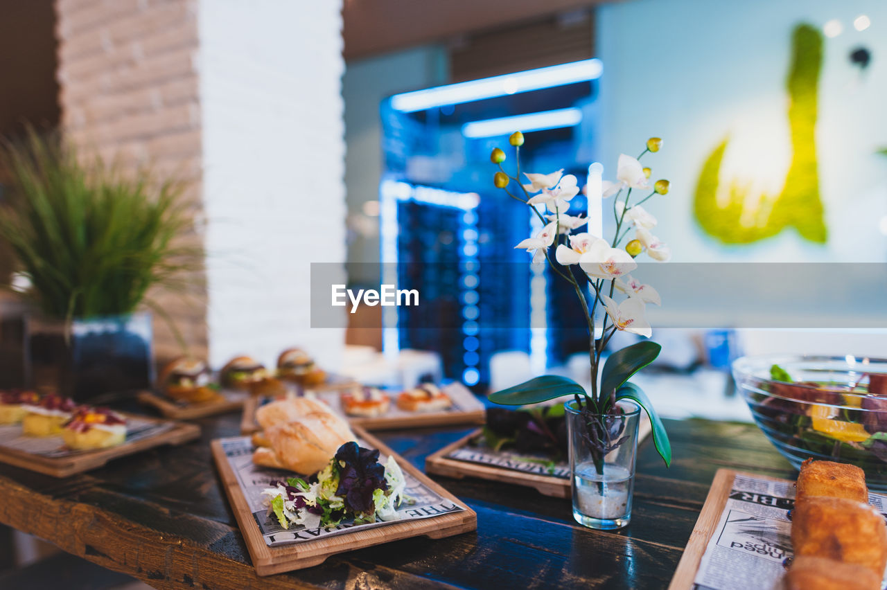 High angle view of meal served on table