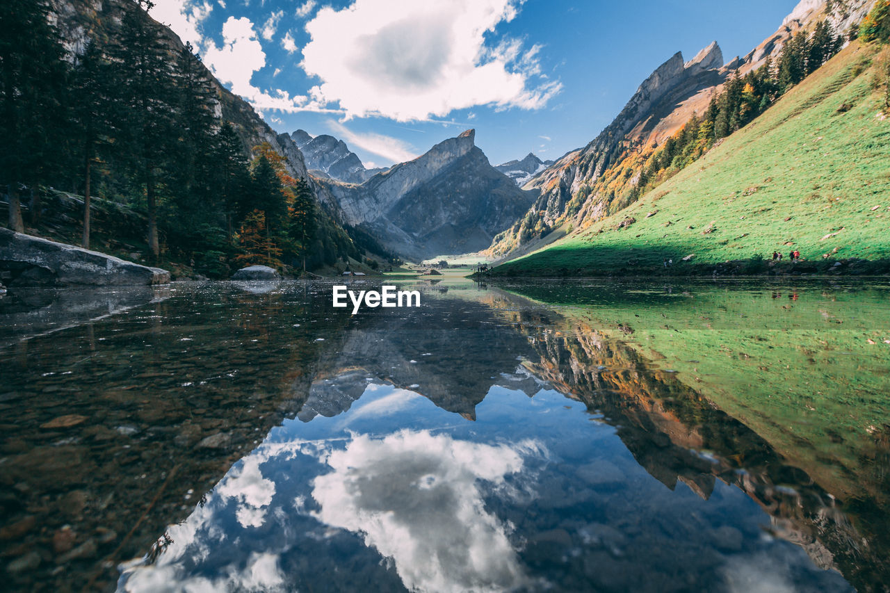 Scenic view of lake and mountains against sky