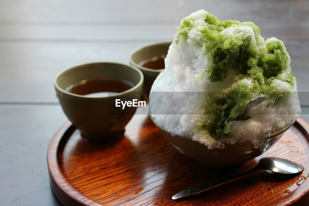 Close-up of dessert served on plate in restaurant