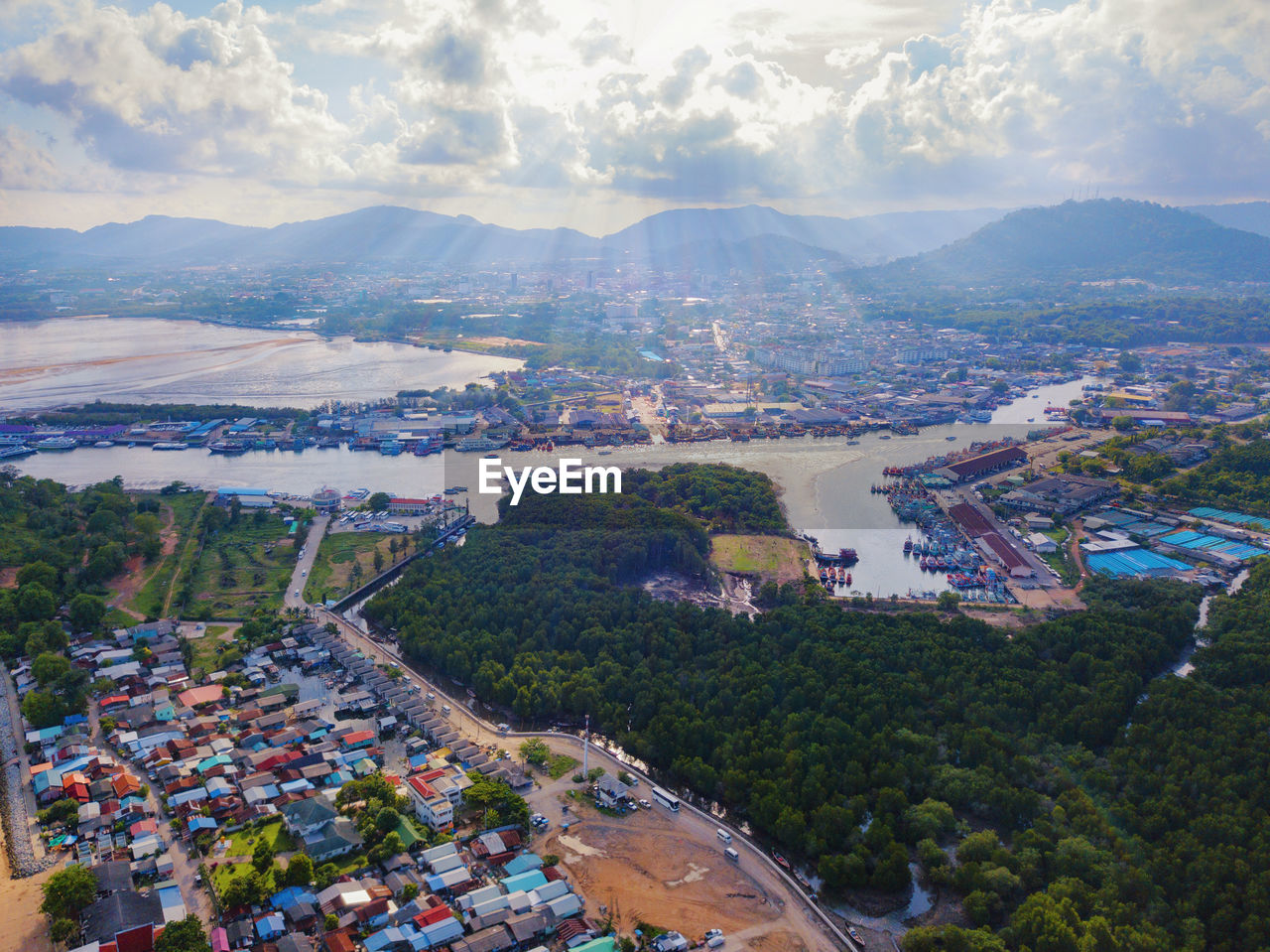 High angle view of townscape against sky