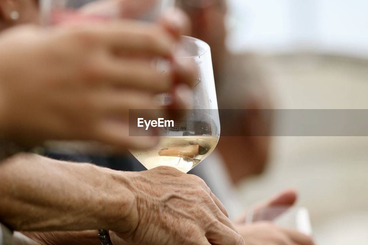 drink, hand, refreshment, adult, glass, food and drink, holding, alcohol, men, wine, wine glass, drinking glass, drinking, one person, close-up, indoors, selective focus, celebratory toast, household equipment, lifestyles, white wine, relaxation, mature adult, focus on foreground, women, leisure activity, finger, day, celebration, senior adult, person, business