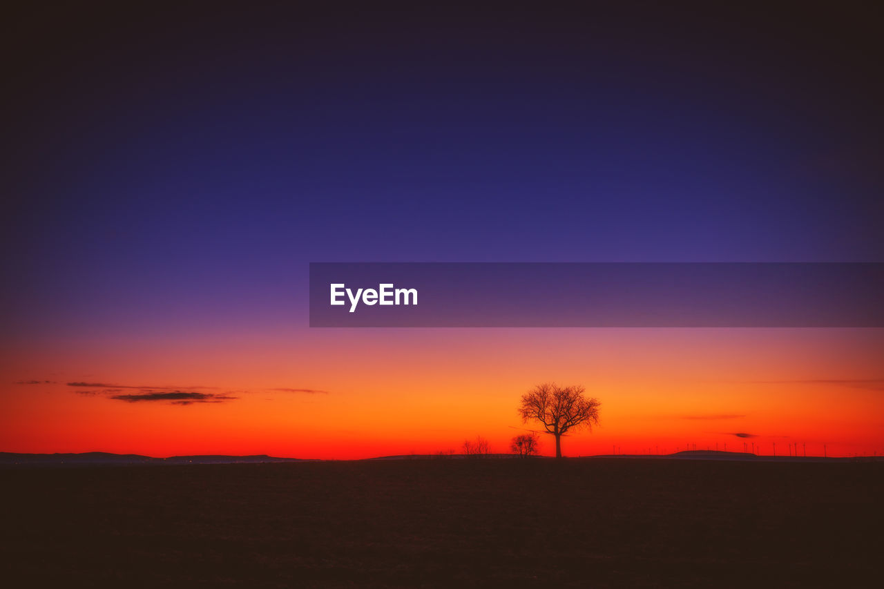 SCENIC VIEW OF SILHOUETTE FIELD AGAINST ORANGE SKY