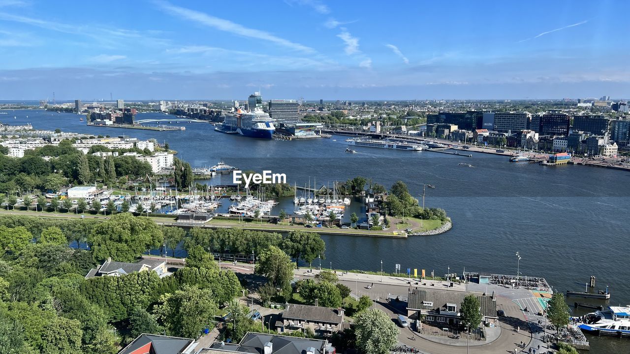 A high angle view of amsterdam by the ij river taken from the adam tower in amsterdam noord