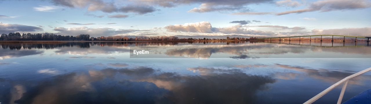 Panoramic shot of reflection of clouds in water