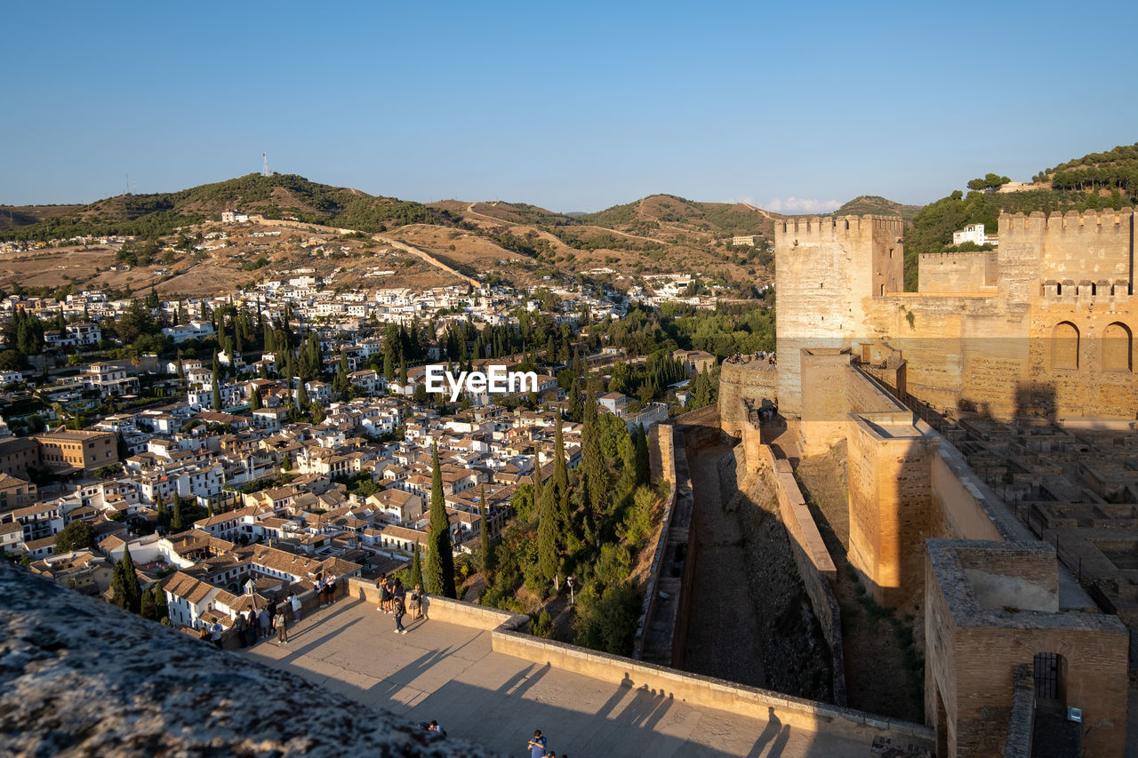 Aerial view of the city with historic center of granada with some part of alcazaba castle.