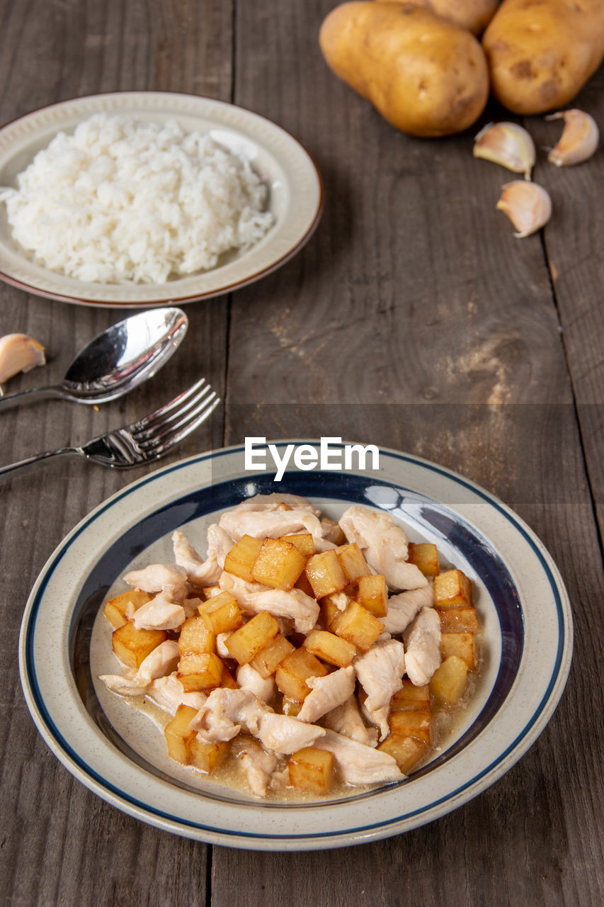 High angle view of food in plate on table