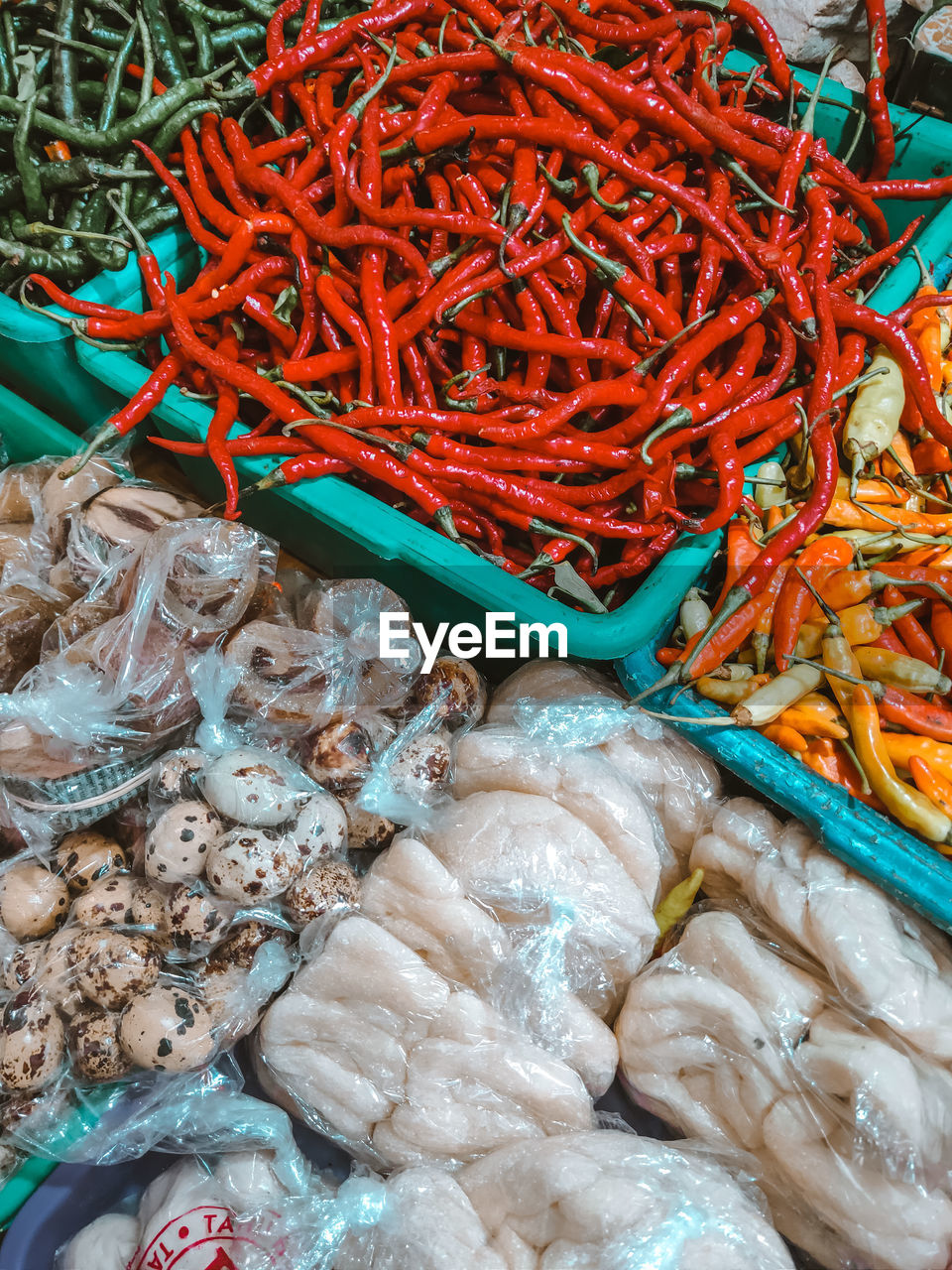 High angle view of seafood for sale at market stall