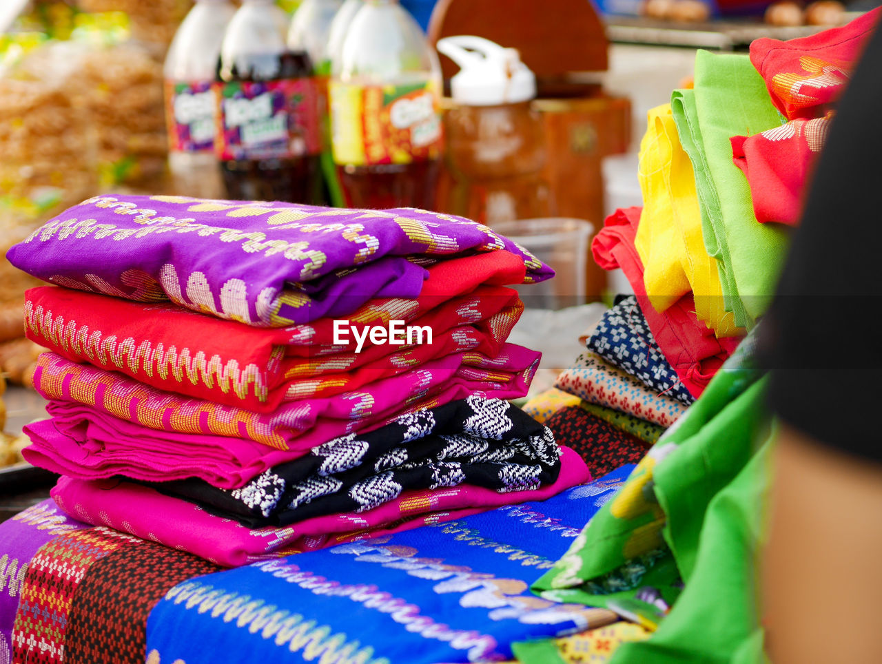 Close-up of multi colored textile for sale in market