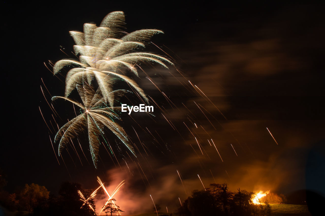 Low angle view of firework display at night