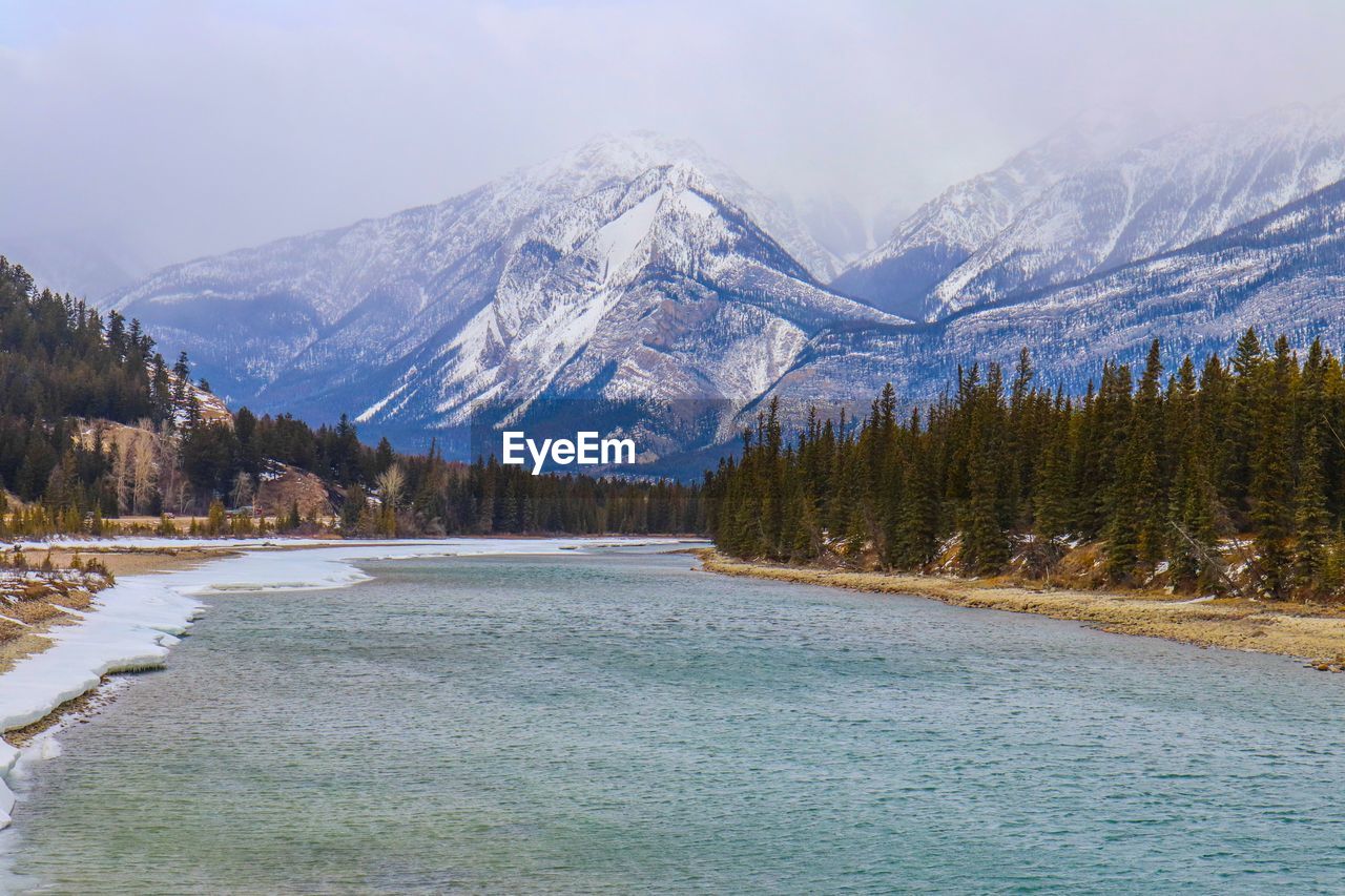 Scenic view of snowcapped mountains and lake against sky