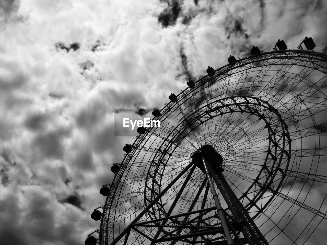 Low angle view of orlando eye against cloudy sky