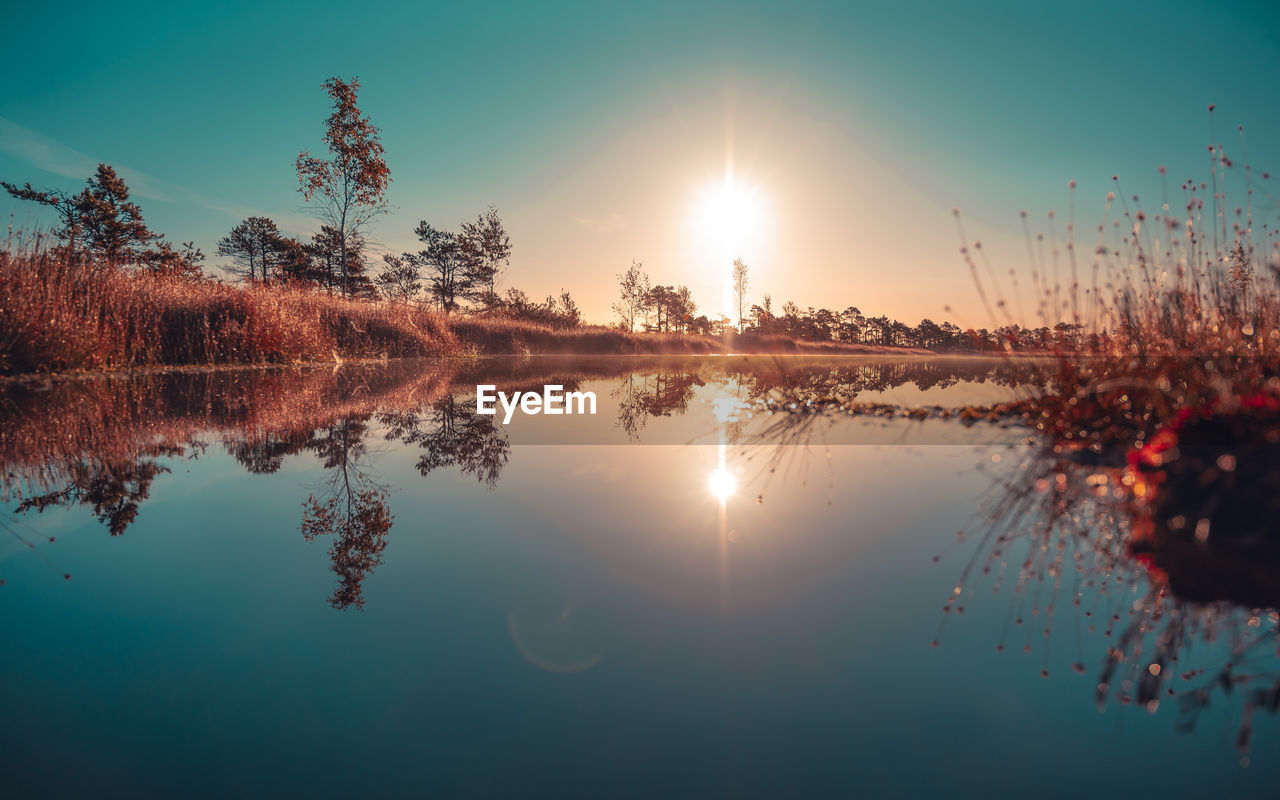 Scenic view of lake against sky during sunset