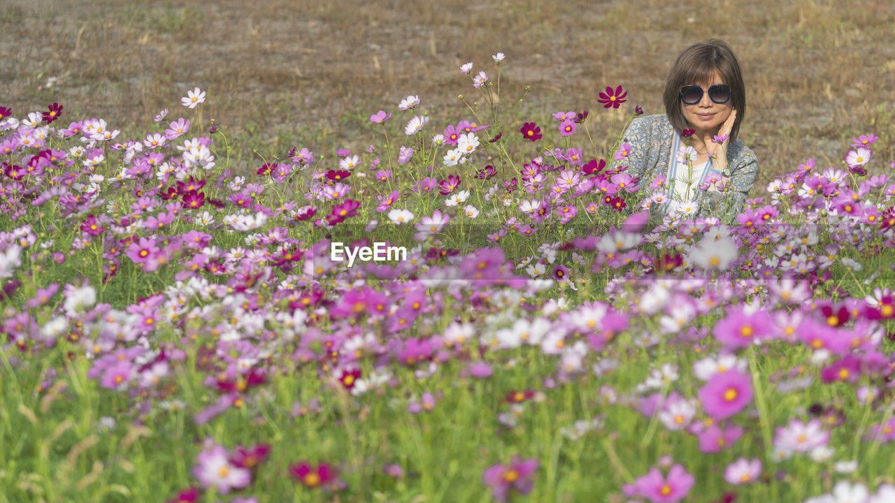 Young woman standing amidst purple cosmos flowering plants on field