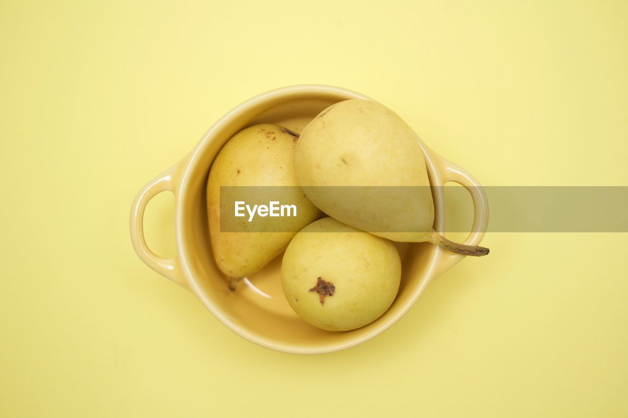 Directly above shot of pears in bowl over yellow background