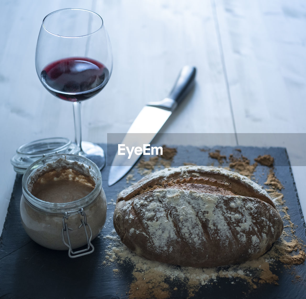 High angle view of homemade rustic bread on table.