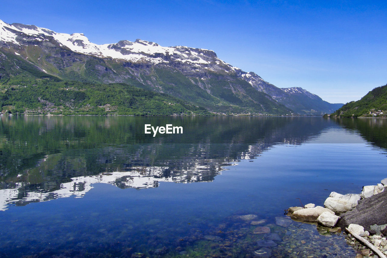 Scenic view of lake and mountains against sky