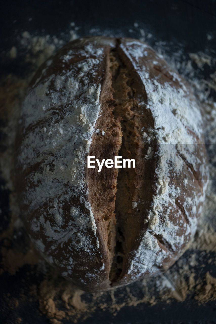 High angle view of a sourdough bread on table.