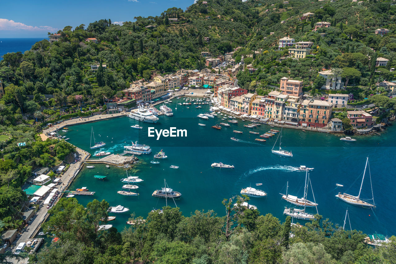 Panorama of portofino seaside bay area with traditional houses, view from castello brown,  italy