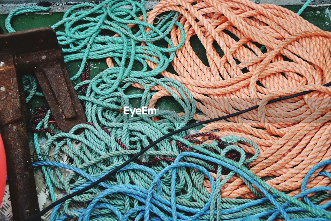 High angle view of ropes on fishing boat
