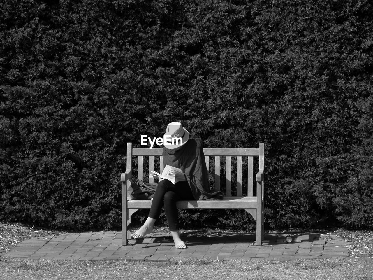 Woman reading book while sitting on bench