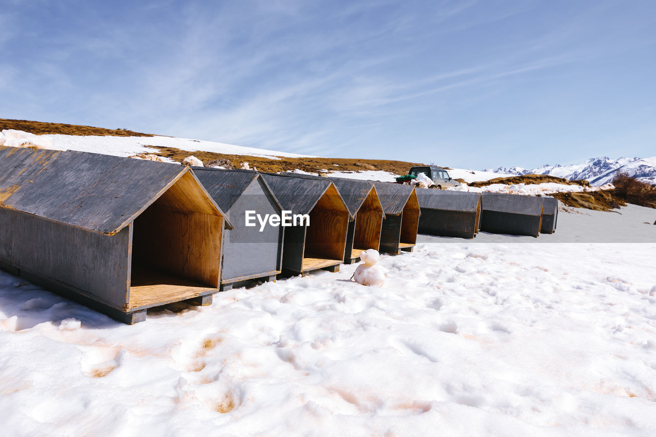 HOUSES AGAINST SNOW COVERED LAND