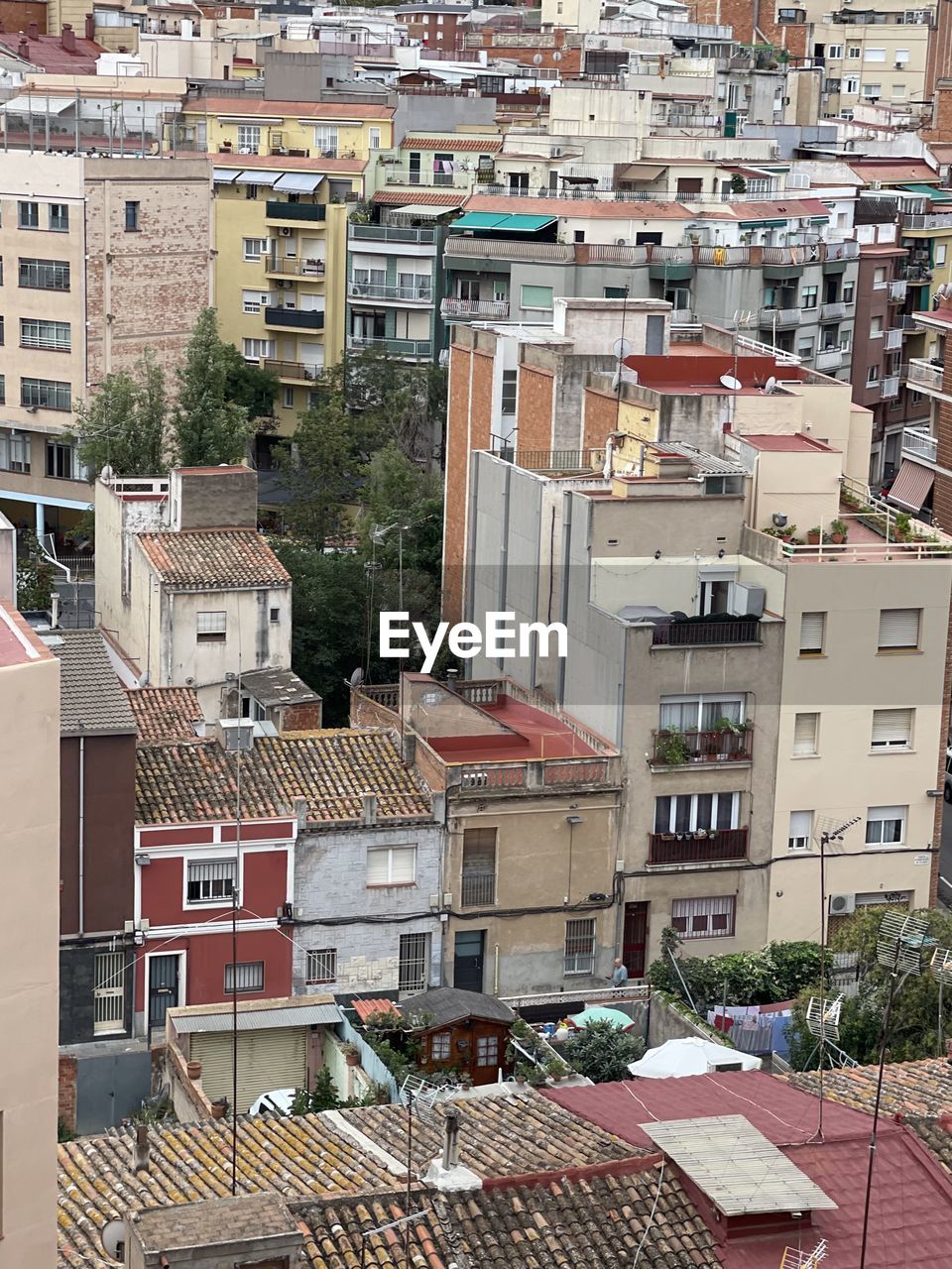 High angle view of residential buildings in city