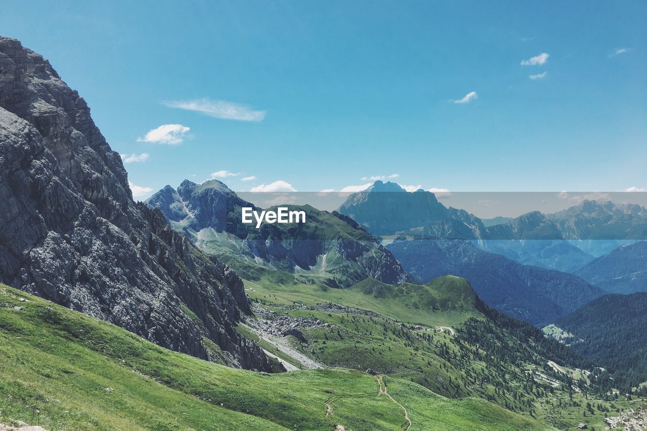 Scenic view of grassy mountains against blue sky