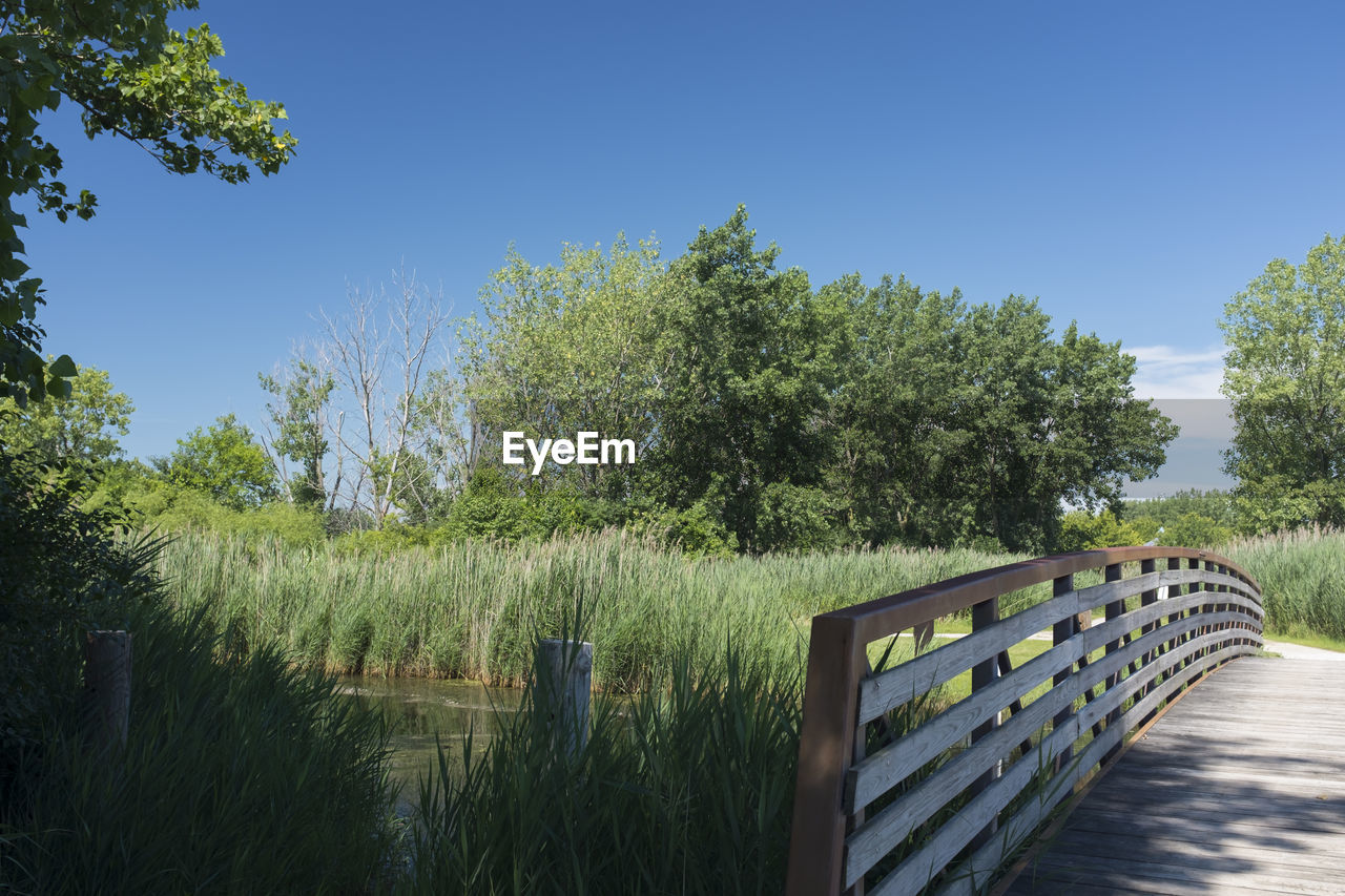 WOODEN RAILING AGAINST CLEAR SKY