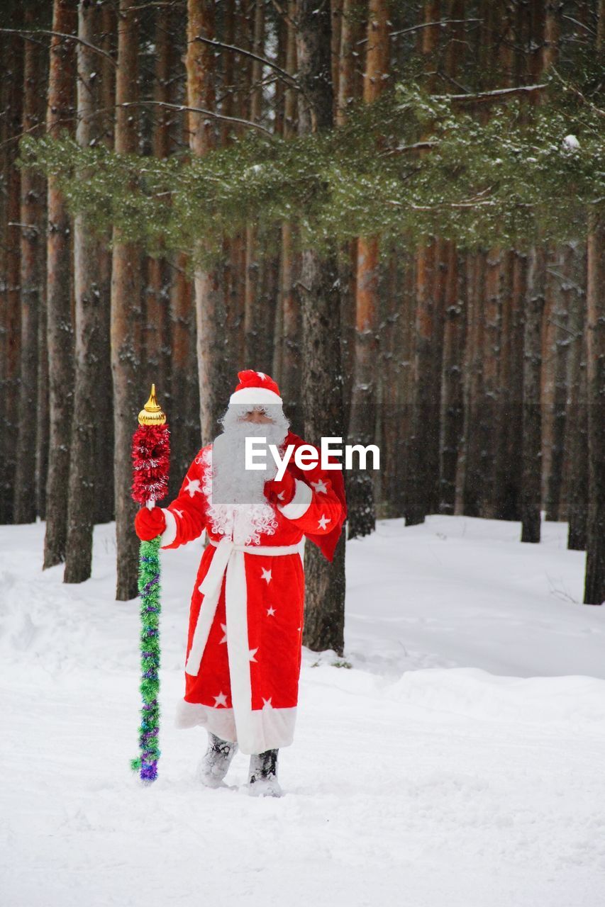 Man dressed as santa claus standing on snow against trees in forest