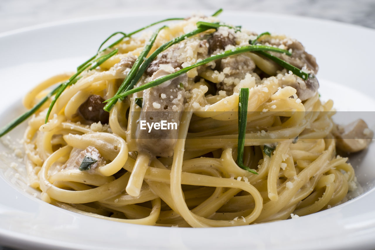 CLOSE-UP OF NOODLES SERVED IN PLATE WITH SAUCE