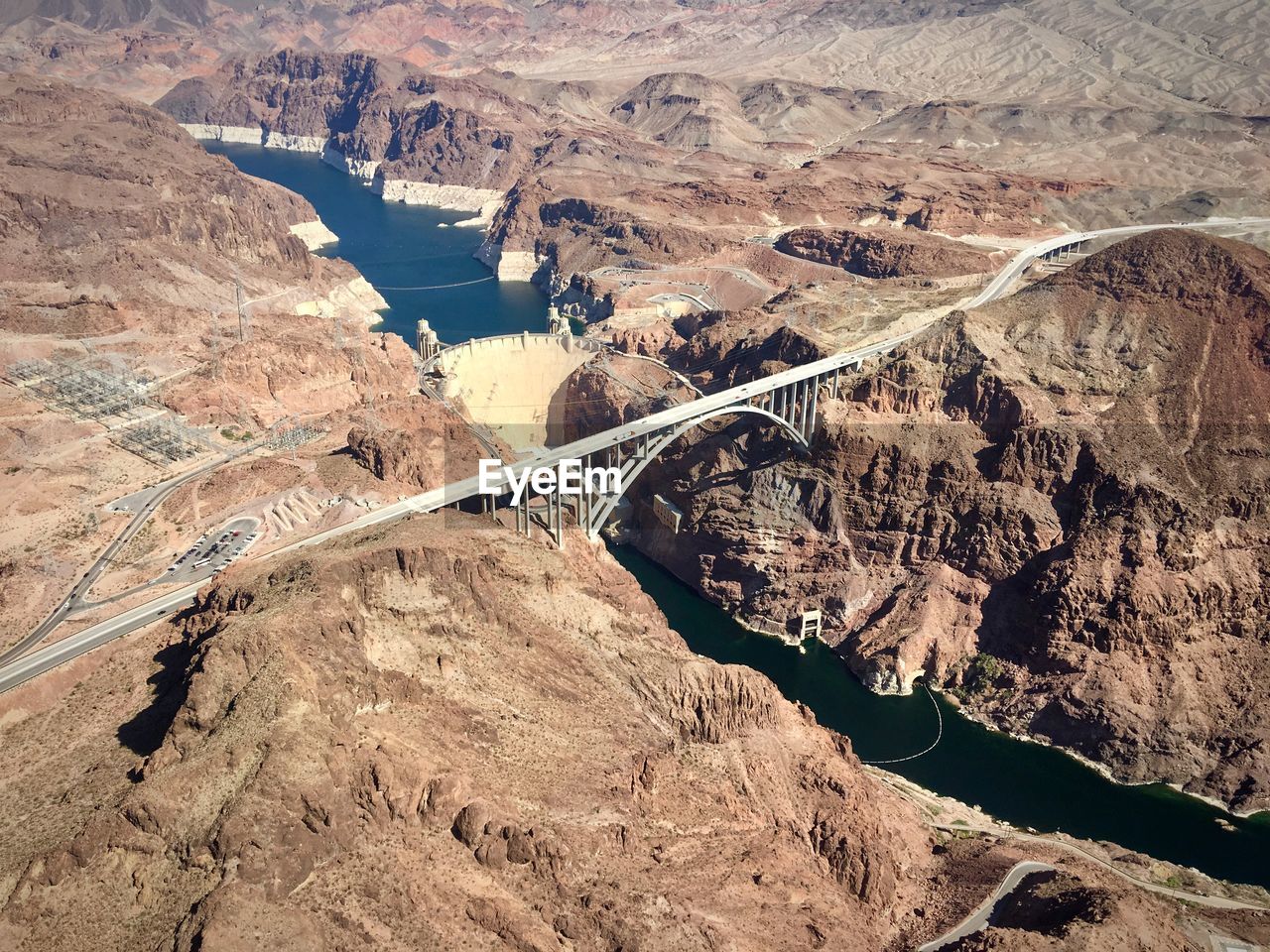 High angle view of hoover dam and grand canyon