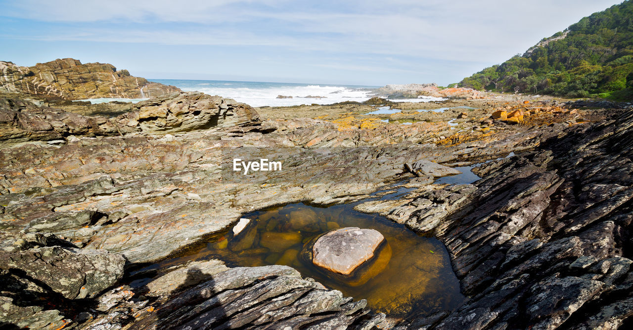 SCENIC VIEW OF ROCKS ON SHORE AGAINST SKY