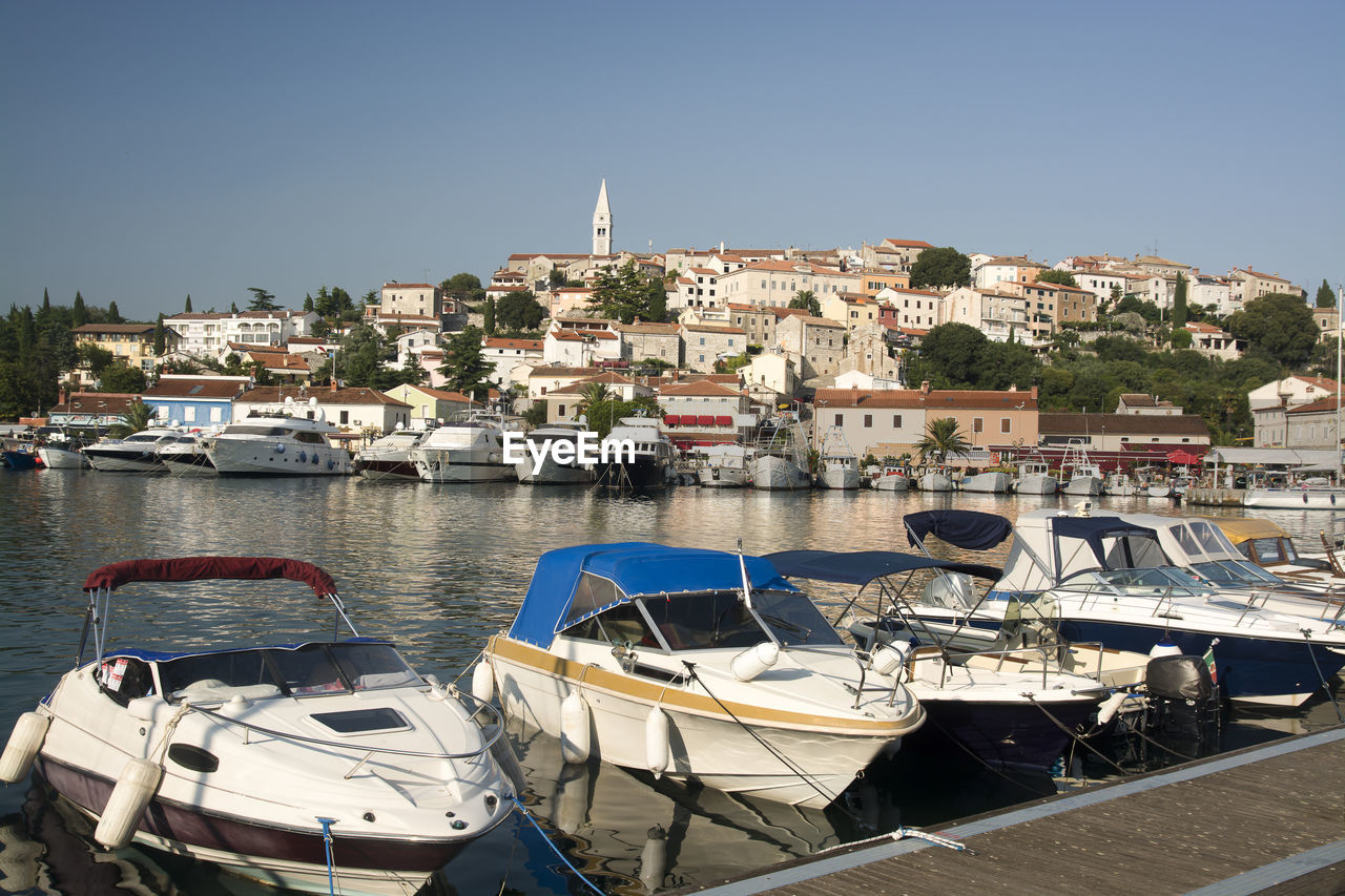 BOATS IN HARBOR BY BUILDINGS IN CITY