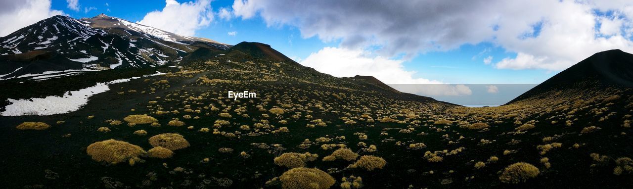 Low angle view of mountain against cloudy sky