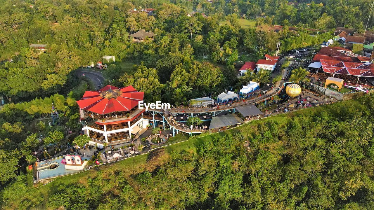 High angle view of houses in town