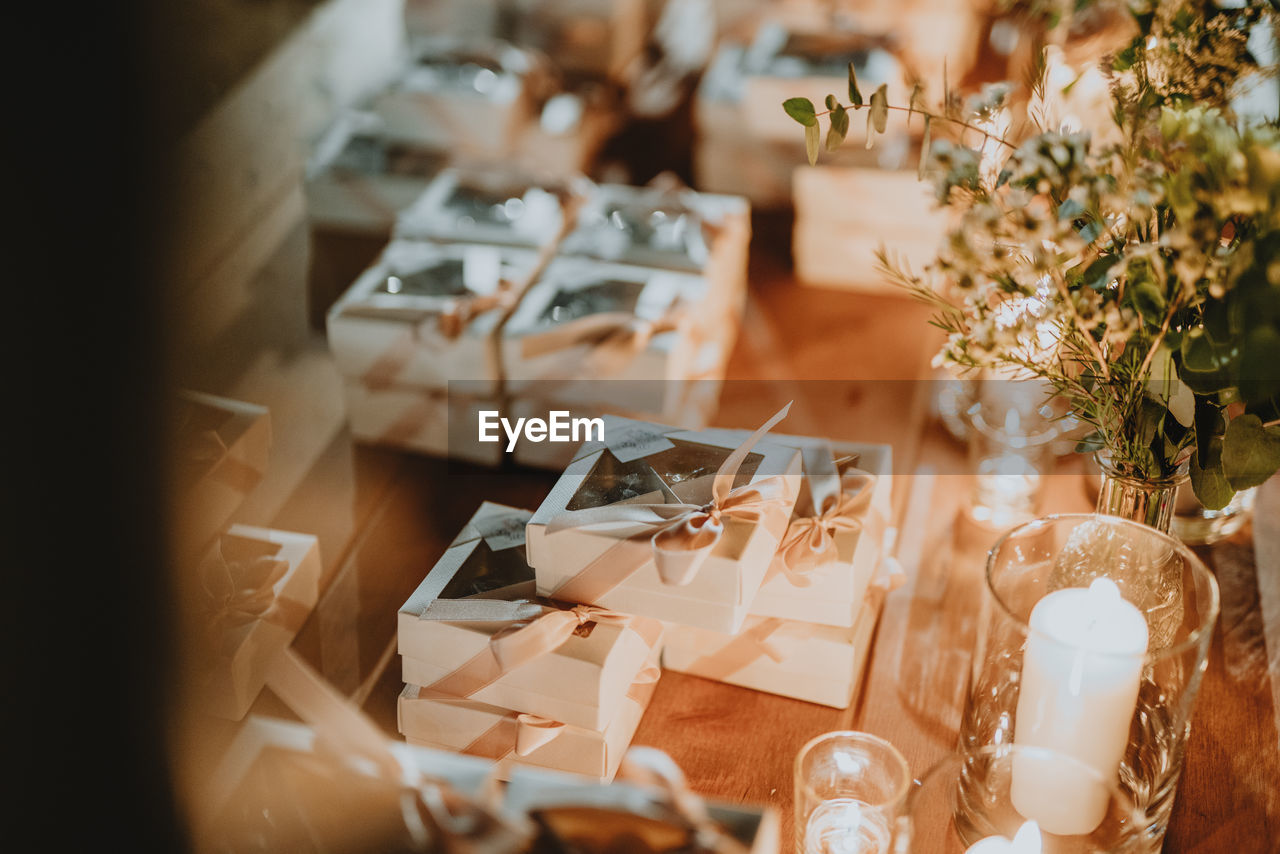 Close-up of decorations on table