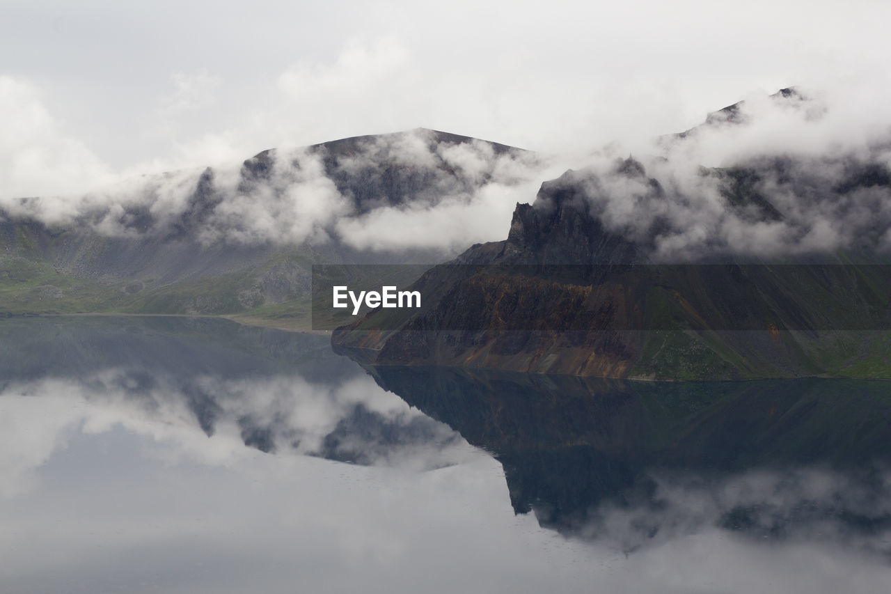 Scenic view of lake and mountains against sky