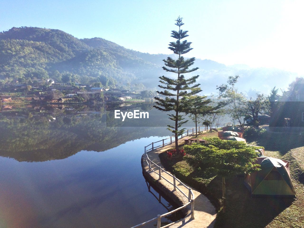 High angle view of trees and mountains against sky