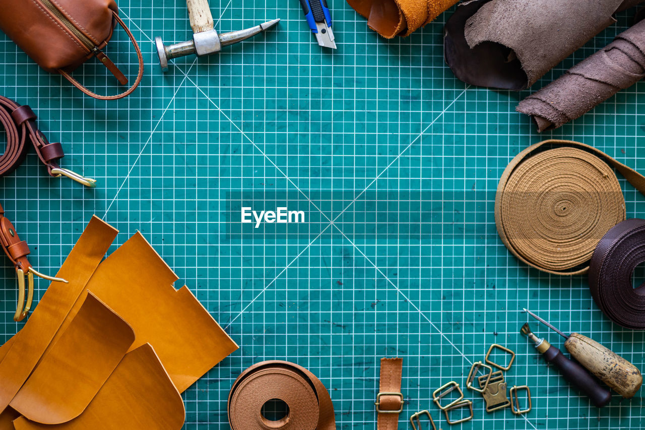 High angle view of worker working on table