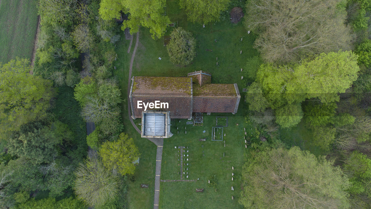 An aerial view of the church of st mary in the village of playford, suffolk, uk