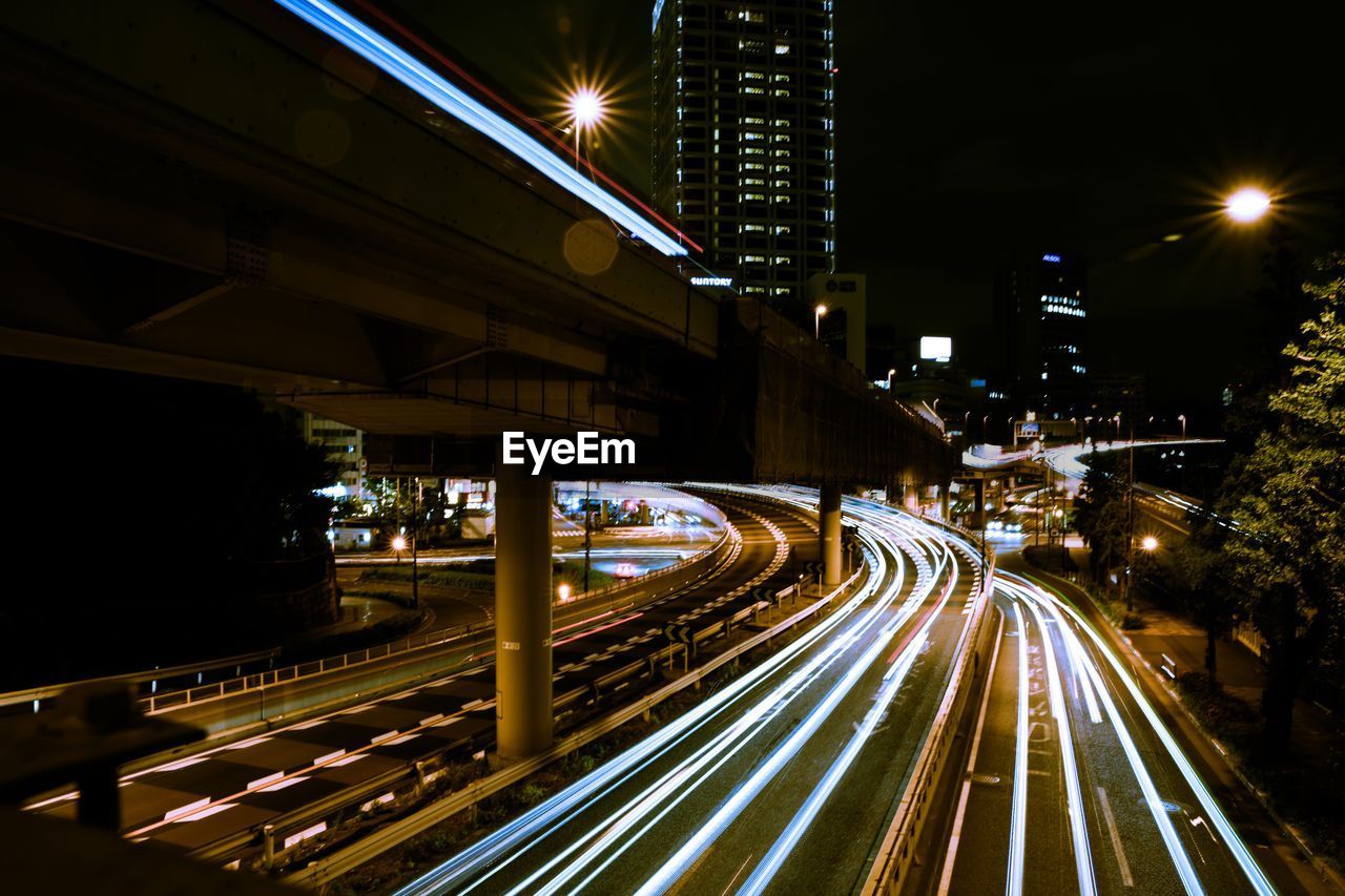 Light trails on road at night