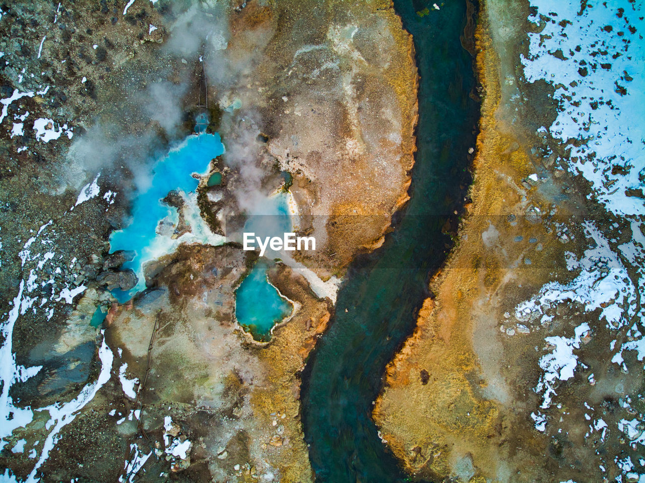 Aerial view of hot spring during winter