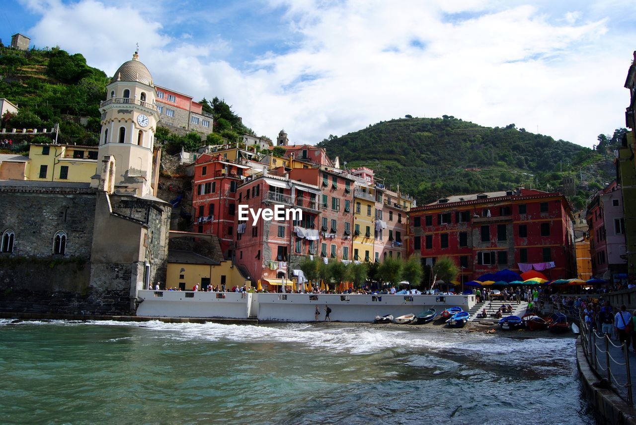 Low angle view of buildings at harbor