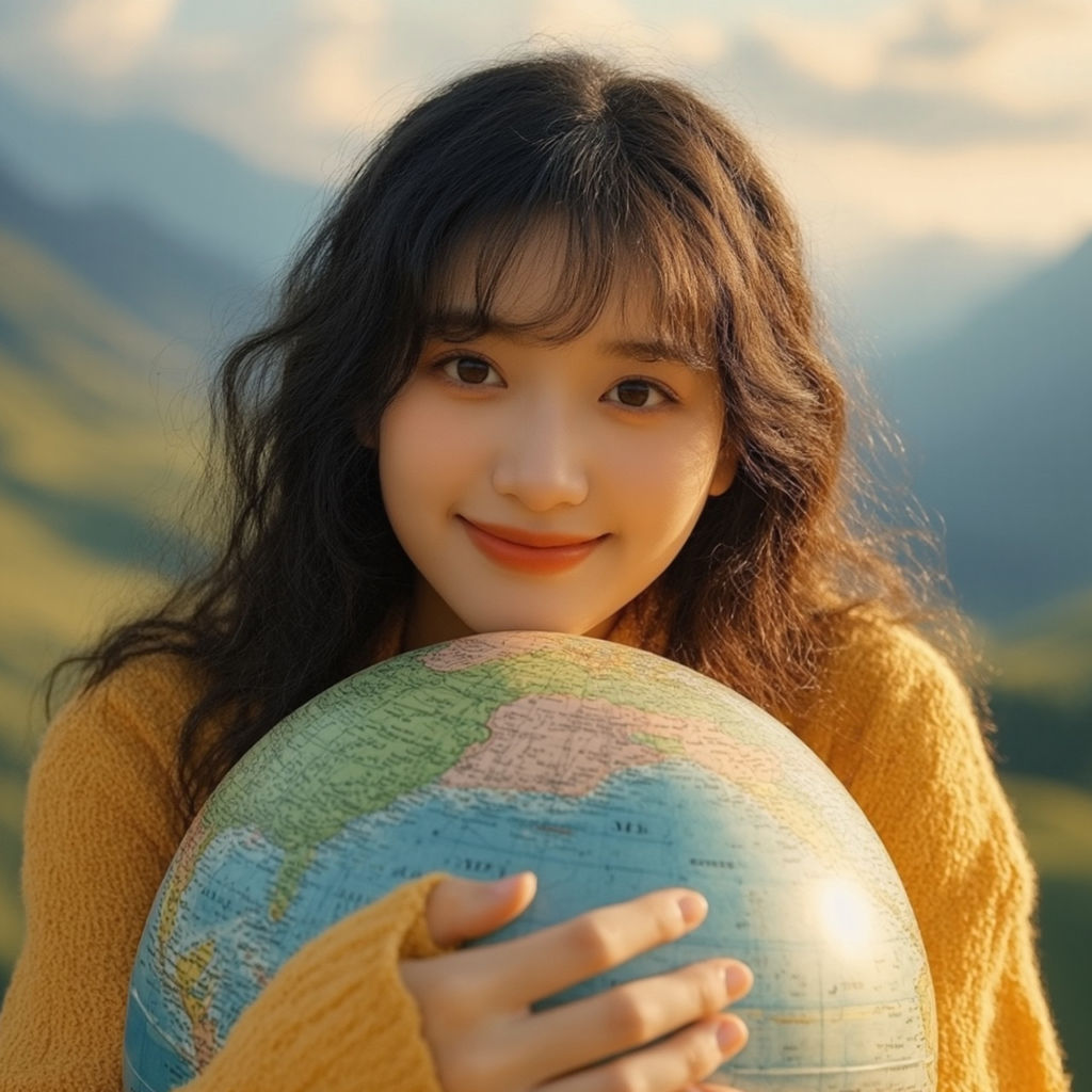 portrait, one person, female, women, child, smiling, looking at camera, nature, skin, happiness, childhood, close-up, holding, emotion, sky, hairstyle, long hair, human eye, human head, teenager, yellow, brown hair, adult, person, human face, environment, globe - man made object, cheerful, positive emotion, blue, front view, sunlight, outdoors, land, sunset, cute, portrait photography, standing, beauty in nature, hope, photo shoot, cloud, focus on foreground, waist up, landscape